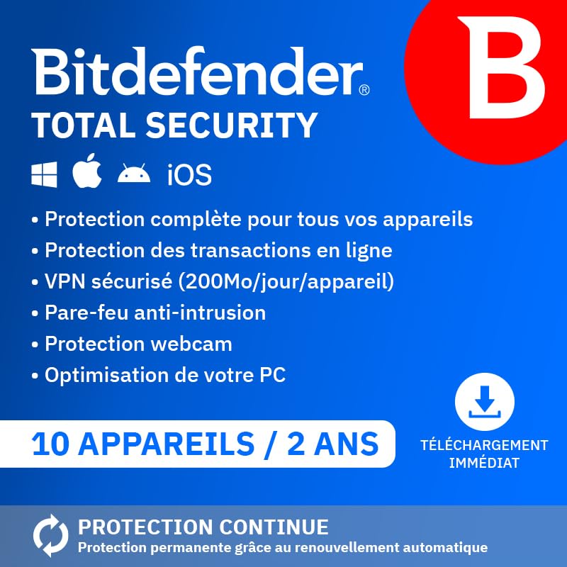Bitdefender Total Security 2026 - 10 appareils - 2 ans - Licence par e-mail