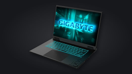 PC portable Gigabyte Gaming A16 RTX 5050 ouvert sur fond sombre