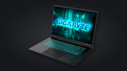 PC portable Gigabyte Gaming A16 RTX 5060 ouvert sur fond sombre
