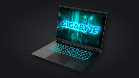 PC portable Gigabyte Gaming A16 RTX 5070 ouvert sur fond sombre