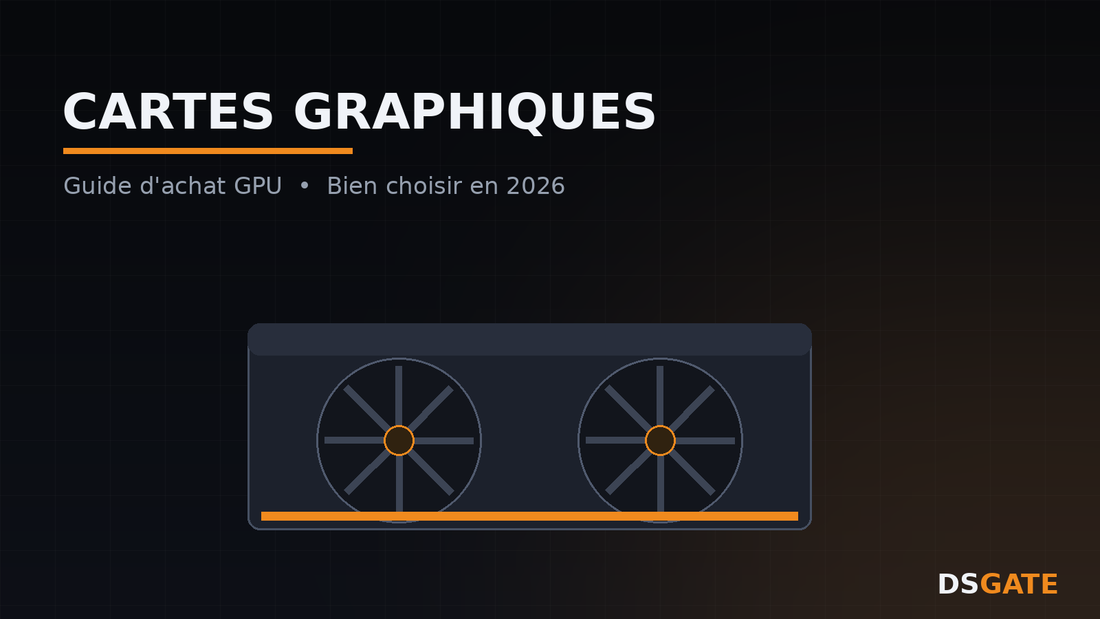 Carte graphique gaming avec deux ventilateurs sur fond sombre