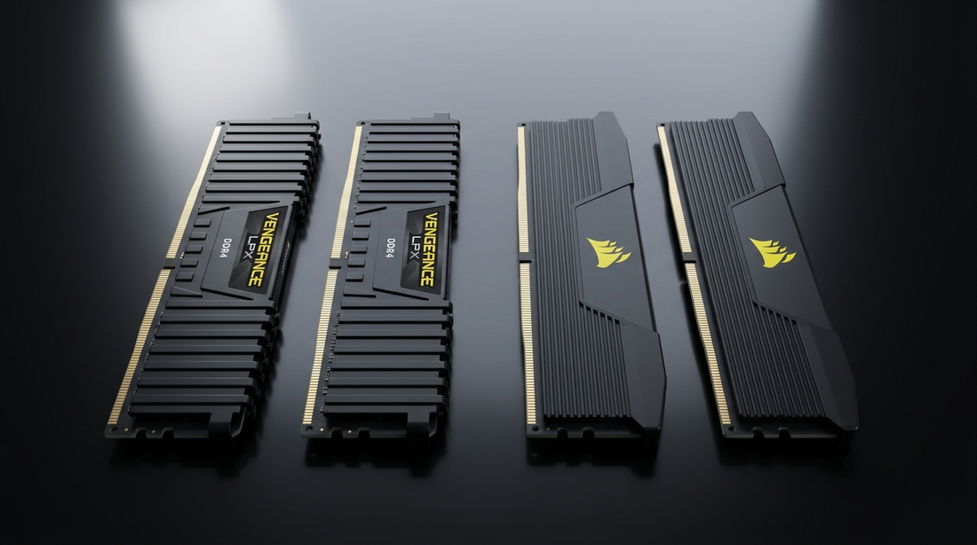 Barrettes Corsair Vengeance DDR4 LPX et Corsair Vengeance DDR5 côte à côte sur bureau sombre - comparaison générations RAM 2026