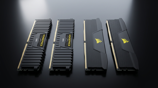 Barrettes Corsair Vengeance DDR4 LPX et Corsair Vengeance DDR5 côte à côte sur bureau sombre - comparaison générations RAM 2026