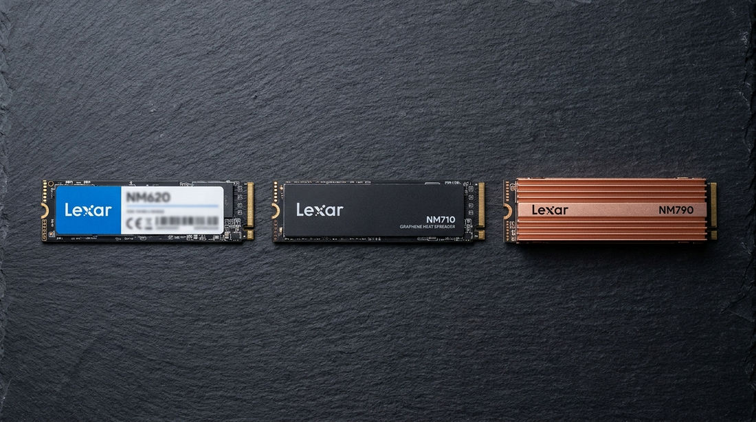 Trois SSD Lexar M.2 NVMe alignés sur ardoise sombre - Lexar NM620, NM710 et NM790 illustrant les générations PCIe