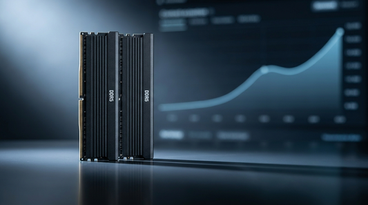 Modules Corsair Vengeance DDR5 dressés sur surface sombre avec courbe de prix en arrière-plan - illustration crise mémoire 2026