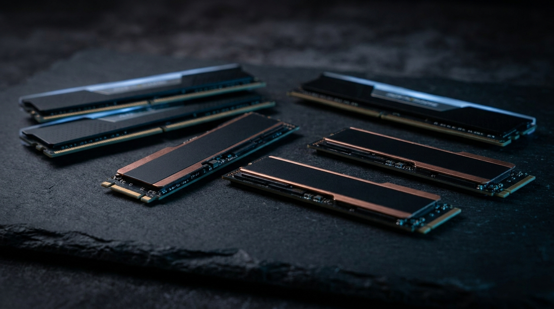Barrettes de RAM et SSD M.2 NVMe sur une surface ardoise sombre
