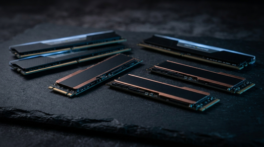 Barrettes de RAM et SSD M.2 NVMe sur une surface ardoise sombre