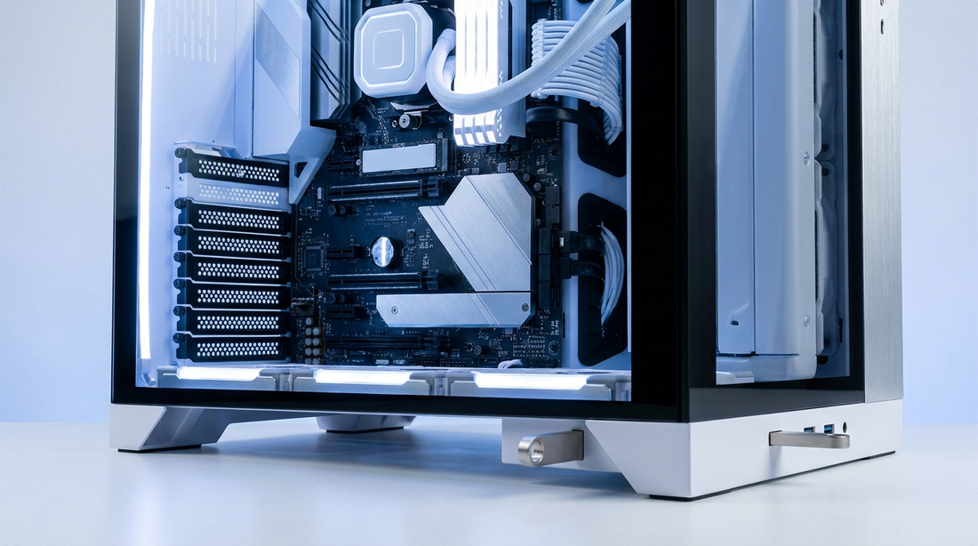 Intérieur d'un PC avec un SSD NVMe et une clé USB branchée