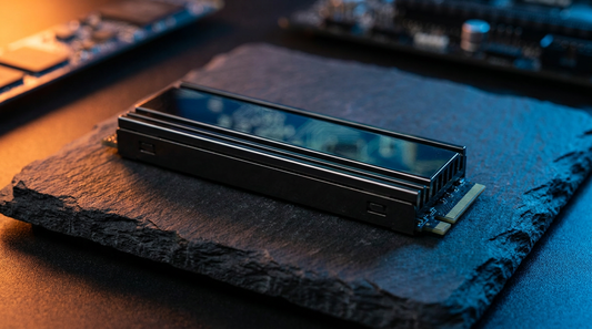 SSD NVMe M.2 sur surface ardoise sombre avec éclairage dramatique
