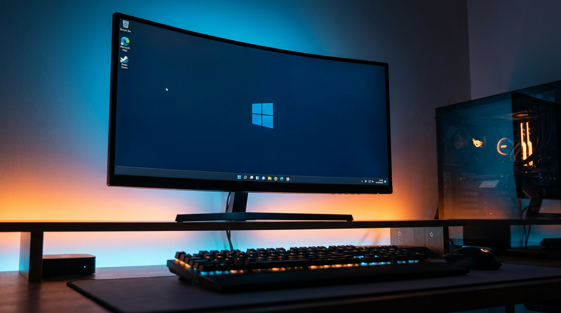 PC gamer affichant un bureau Windows 11 propre avec clavier mécanique