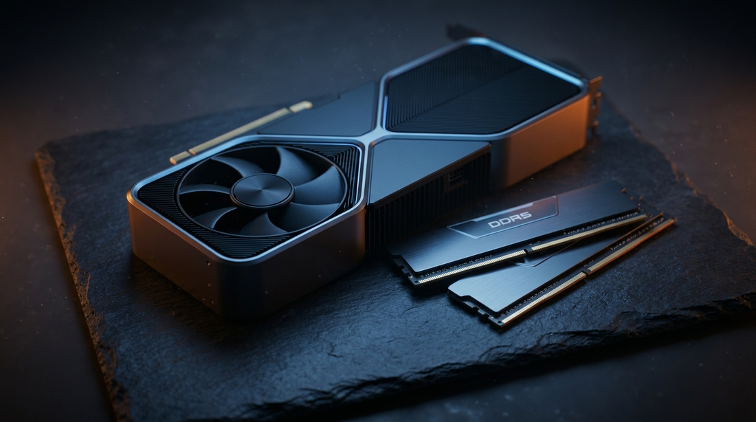 Carte graphique gaming et barrettes de mémoire sur fond sombre