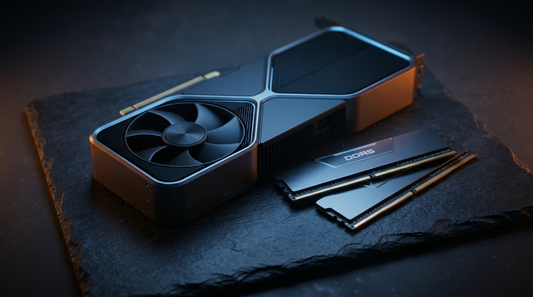 Carte graphique gaming et barrettes de mémoire sur fond sombre
