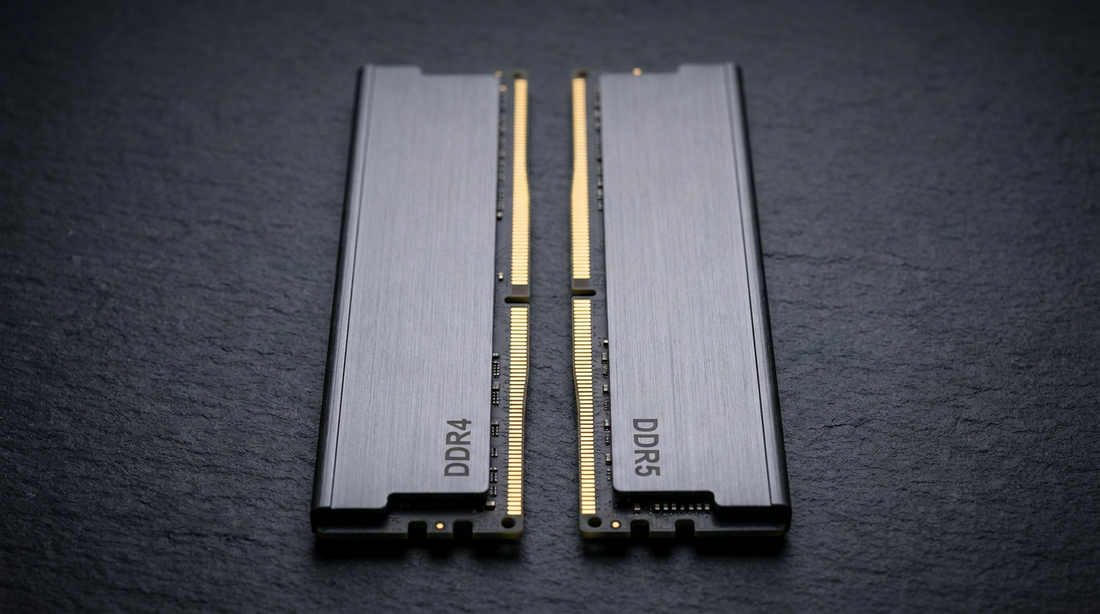 Barrettes de RAM DDR4 et DDR5 côte à côte sur fond ardoise