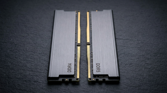 Barrettes de RAM DDR4 et DDR5 côte à côte sur fond ardoise