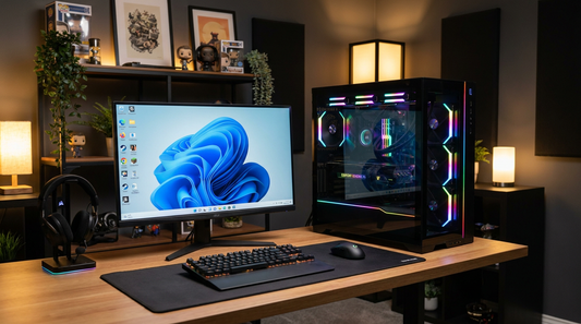 PC gamer assemblé avec éclairage RGB à côté d'un écran sous Windows