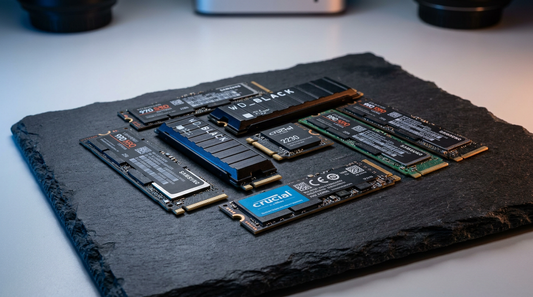 Plusieurs SSD NVMe M.2 disposés sur une surface en ardoise sombre