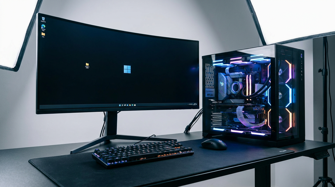 Setup PC gamer avec écran affichant un bureau Windows et boîtier RGB