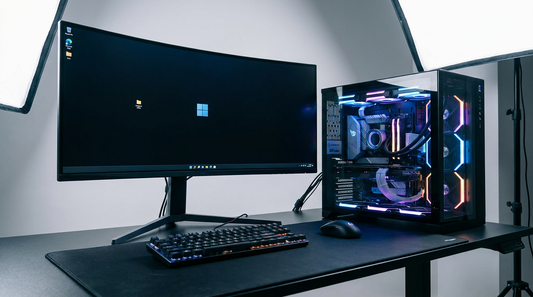 Setup PC gamer avec écran affichant un bureau Windows et boîtier RGB