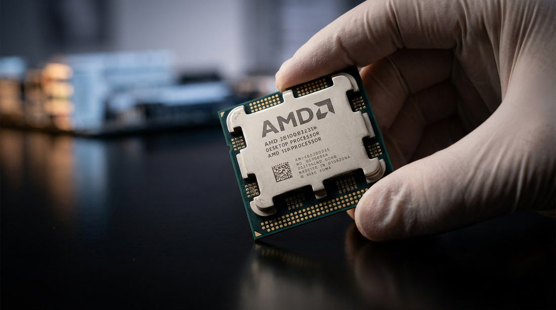 Processeur AMD sur une surface sombre, éclairage studio