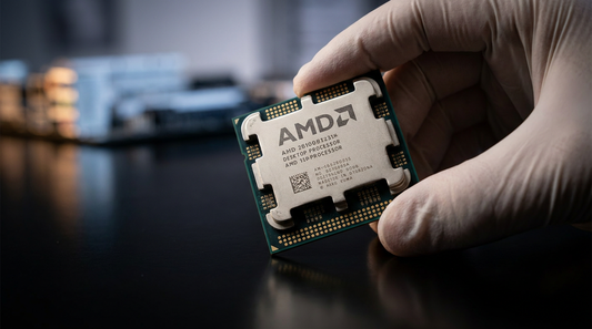 Processeur AMD sur une surface sombre, éclairage studio