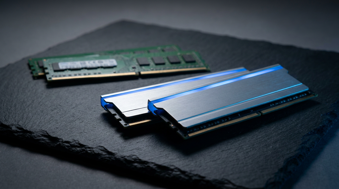 Barrettes de mémoire RAM sur une surface en ardoise sombre