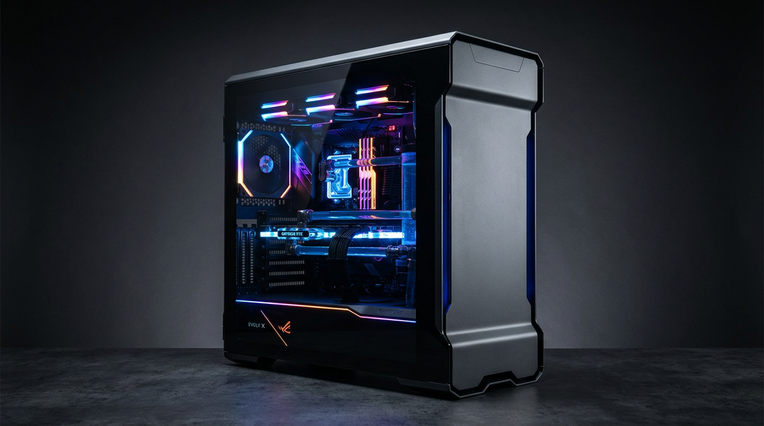 PC gamer assemblé avec éclairage RGB en studio