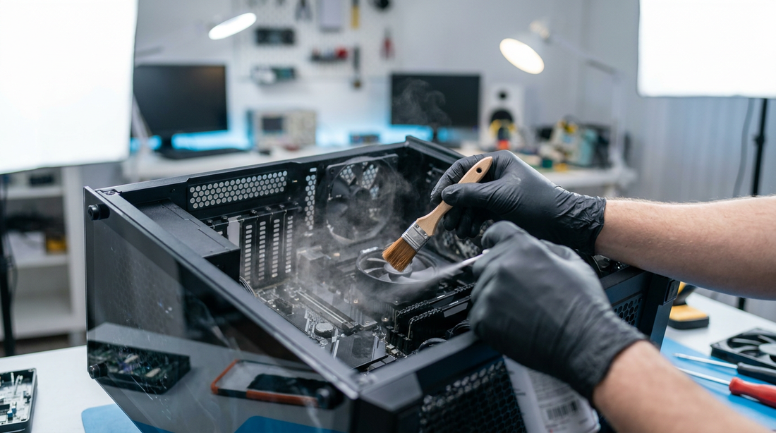 Nettoyage de l'intérieur d'un boîtier PC avec un pinceau et de l'air sec