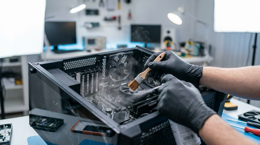 Nettoyage de l'intérieur d'un boîtier PC avec un pinceau et de l'air sec