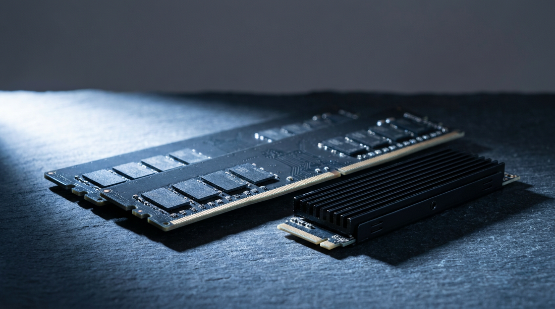Barrettes de RAM DDR4 et SSD NVMe sur surface ardoise sombre