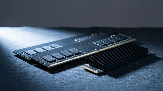 Barrettes de RAM DDR4 et SSD NVMe sur surface ardoise sombre