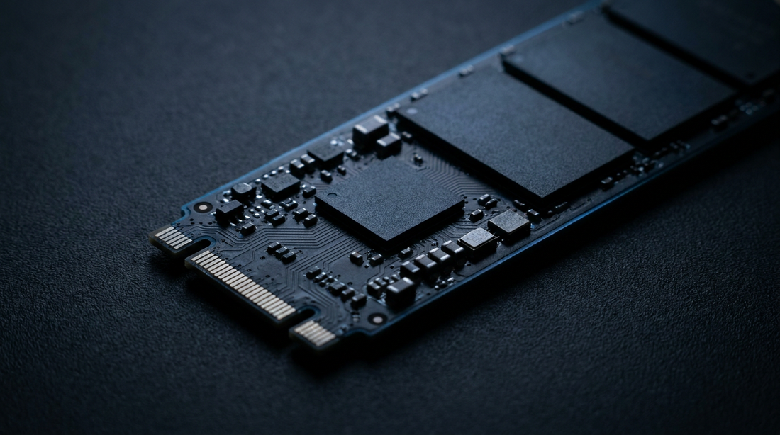 SSD M.2 NVMe sur une surface sombre avec éclairage bleu