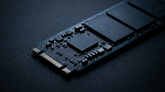 SSD M.2 NVMe sur une surface sombre avec éclairage bleu