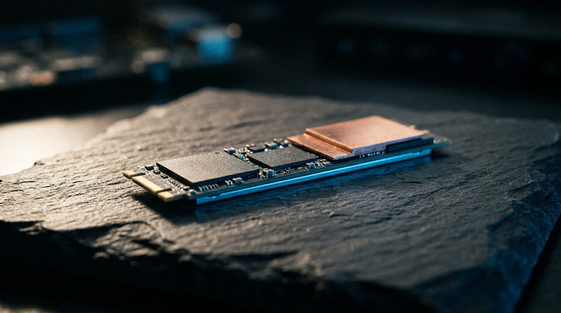 SSD NVMe 1 To sur surface ardoise sombre avec éclairage studio