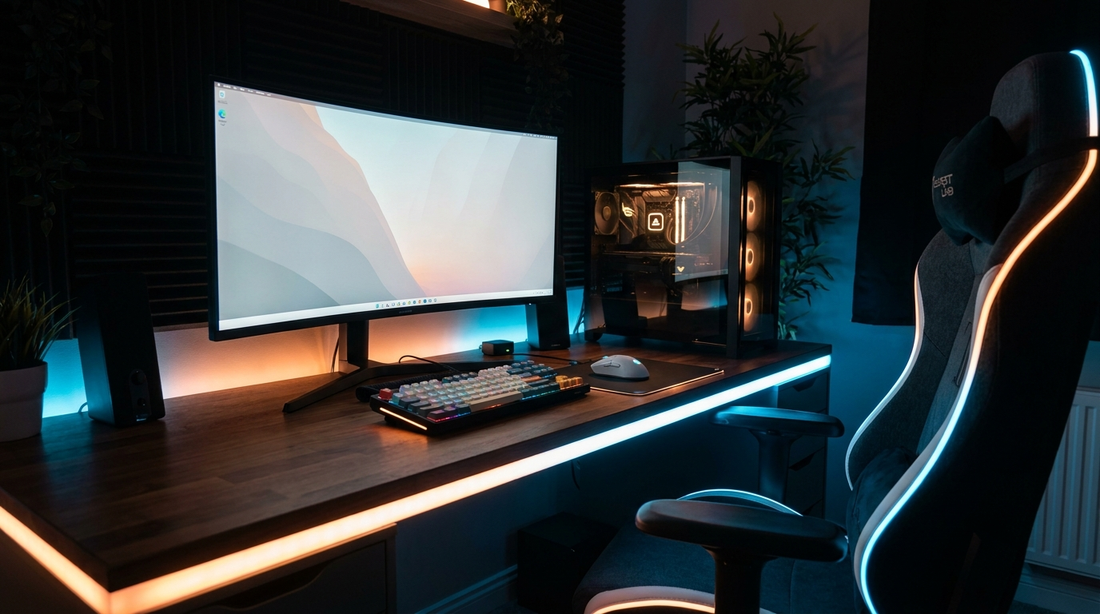 Setup PC gamer avec écran allumé et éclairage RGB dans une pièce sombre