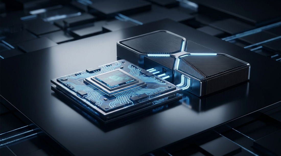 Puce informatique futuriste avec circuits lumineux bleus sur fond sombre