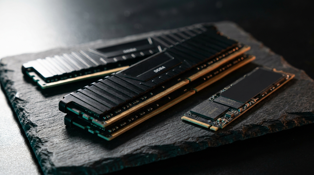 Barrettes de RAM DDR4 et SSD NVMe M.2 sur une surface ardoise sombre
