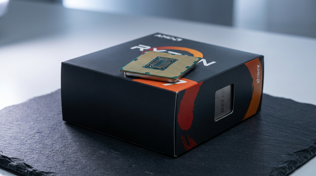 Processeur AMD Ryzen posé sur sa boîte, photo studio sur fond sombre