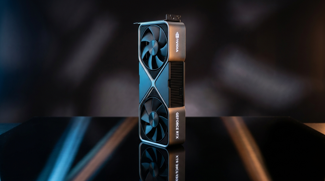 Carte graphique de jeu sous éclairage studio bleu et ambré sur fond sombre