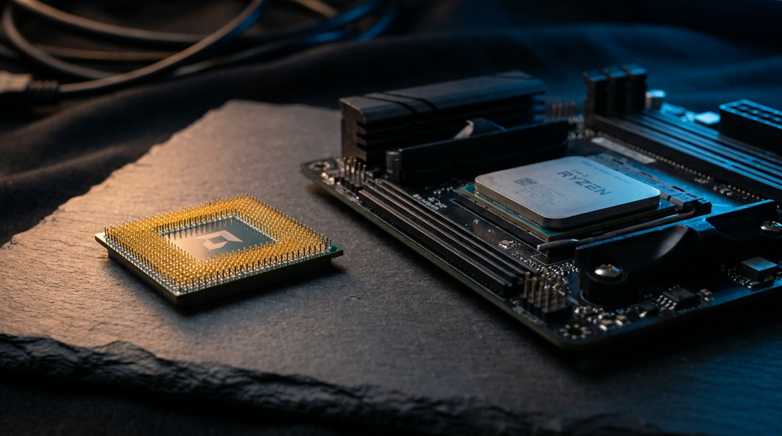 Deux processeurs AMD Ryzen sur surface ardoise sombre en éclairage studio