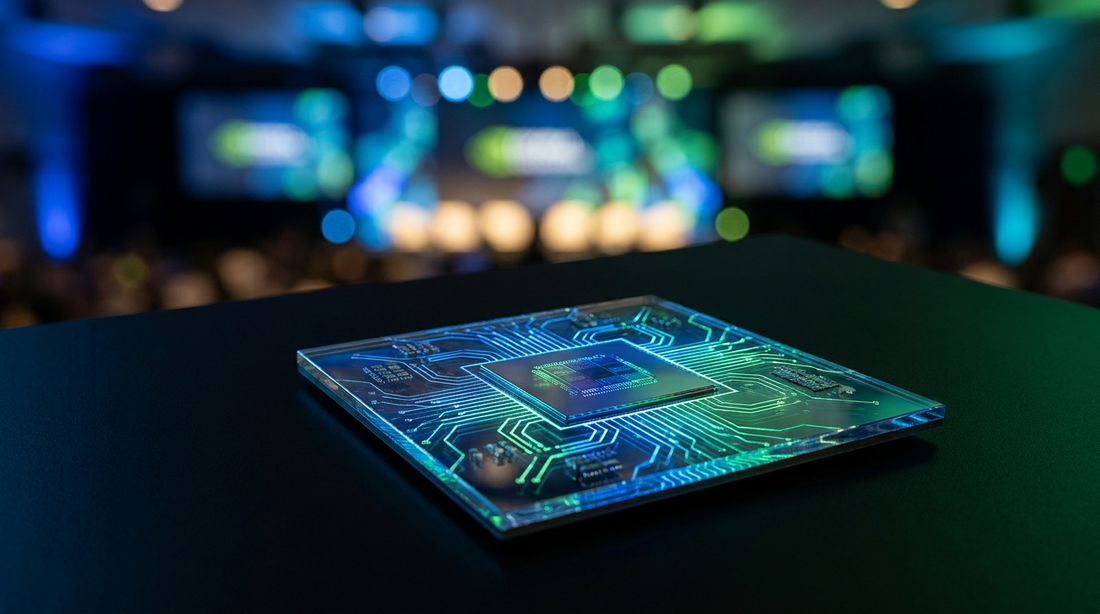 Puce silicium futuriste aux circuits lumineux sur fond de scène de salon tech