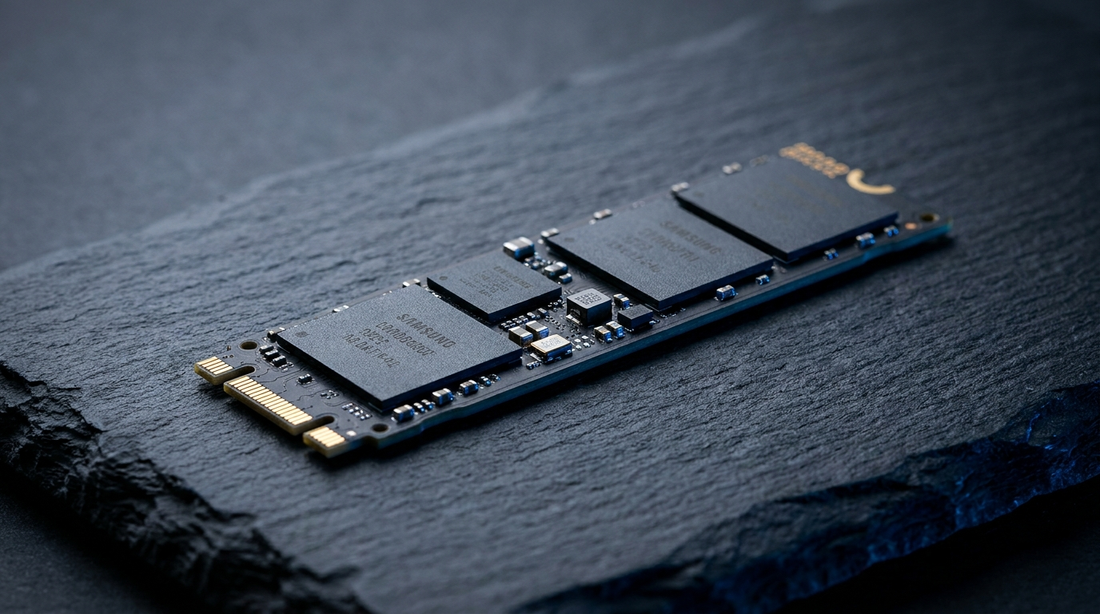 SSD M.2 NVMe sur surface ardoise sombre, éclairage studio