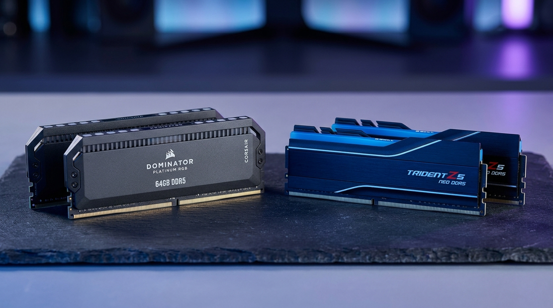 Barrettes de RAM DDR4 et DDR5 côte à côte sur surface sombre