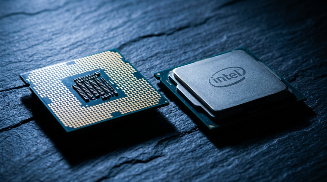 Deux processeurs Intel côte à côte en éclairage studio
