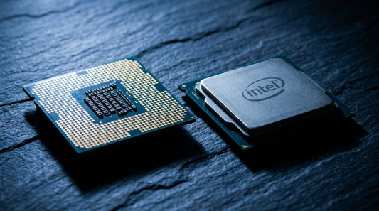 Deux processeurs Intel côte à côte en éclairage studio