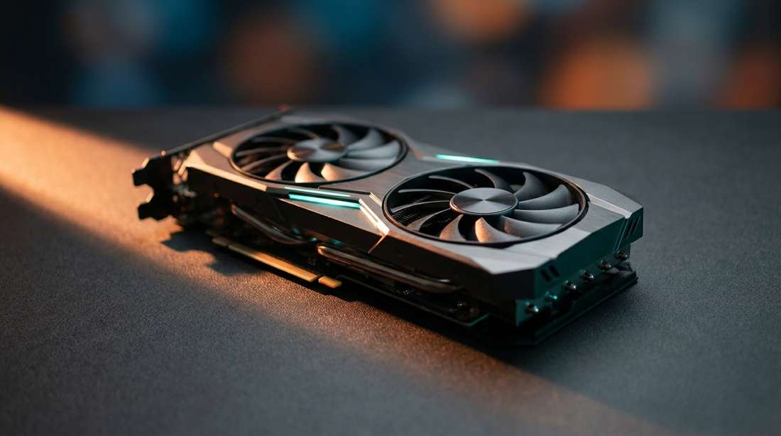 Carte graphique gaming sur surface sombre avec éclairage studio
