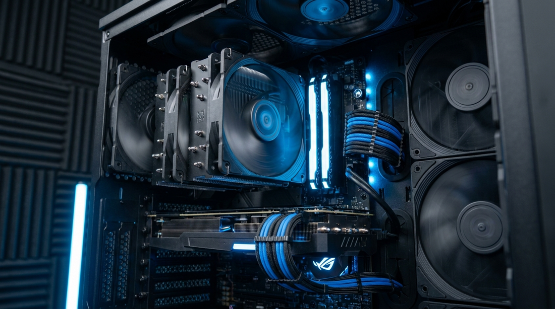 Intérieur d'un PC gamer avec ventilateurs et éclairage bleu