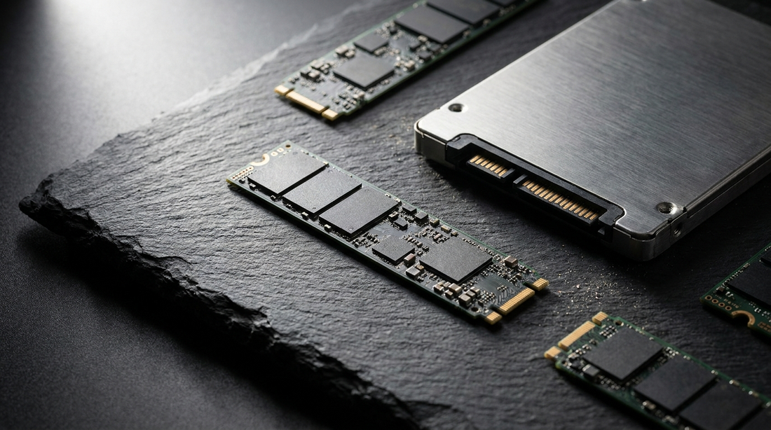 SSD M.2 NVMe et SSD SATA posés sur une surface ardoise sombre