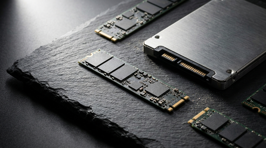 SSD M.2 NVMe et SSD SATA posés sur une surface ardoise sombre