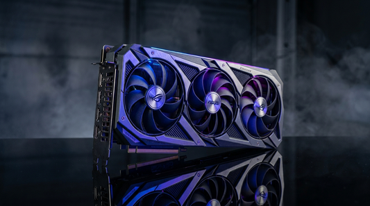 Carte graphique gaming sous un éclairage studio bleu et violet
