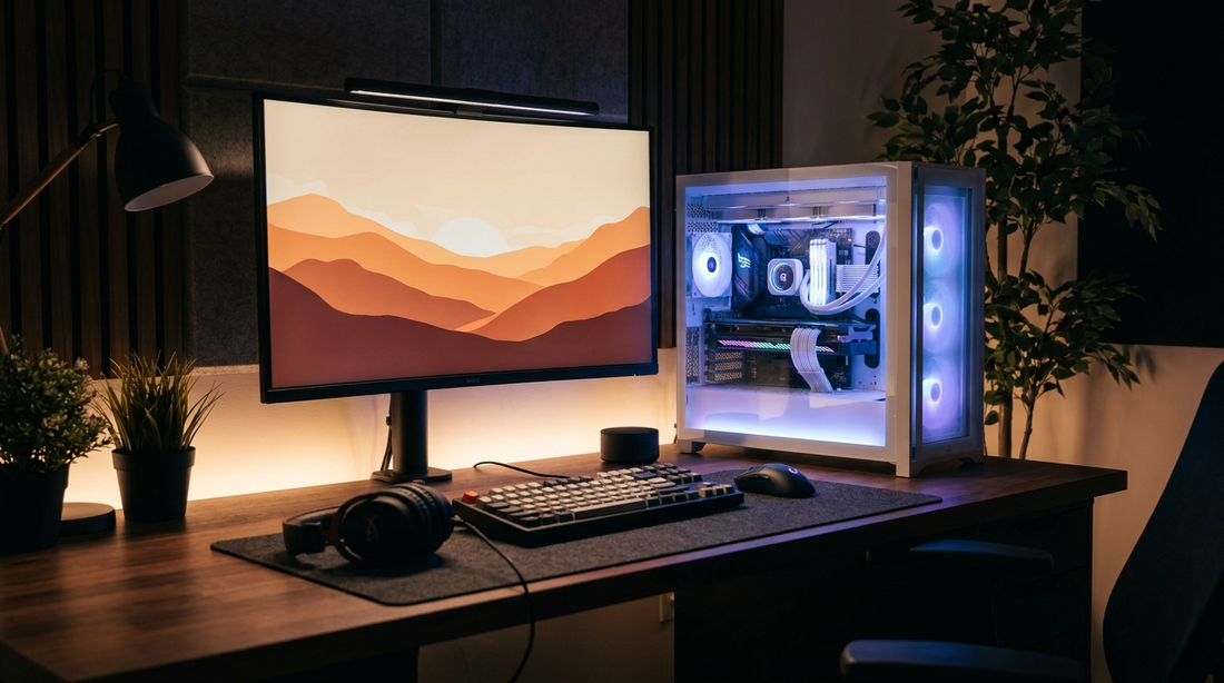 Setup PC gamer avec tour RGB et écran dans une pièce sombre